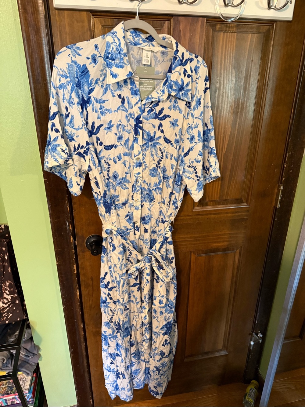 Blue Floral Button-Front Midi Dress with Tie Waist